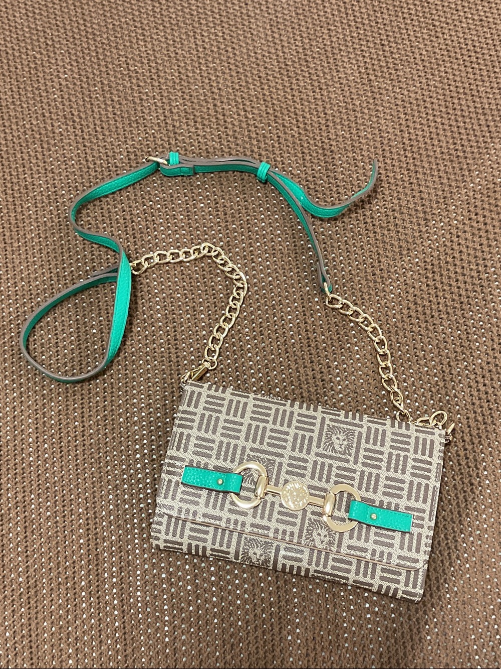 Anne Klein Tan Patterned Crossbody with Green Strap and Gold Chain